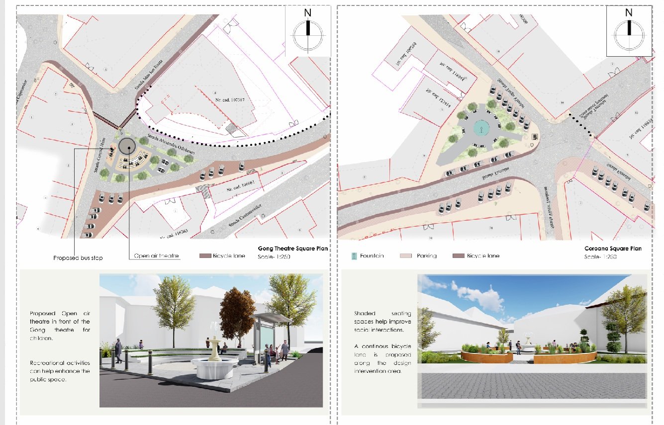 Sibiu — Gong Theatre Square and Coroana Square plans with renders