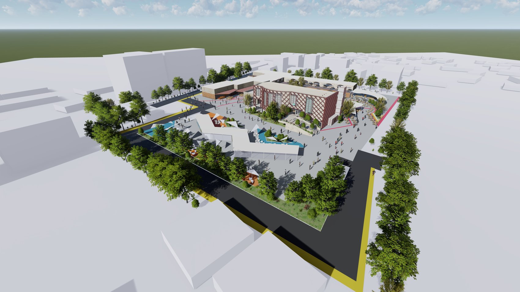 Rahovec — aerial view of plaza, fountains and market stalls