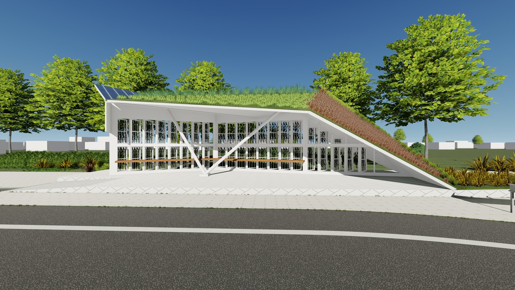 NH Bus Shelters — KINENIN shelter front elevation with solar panel and green roof