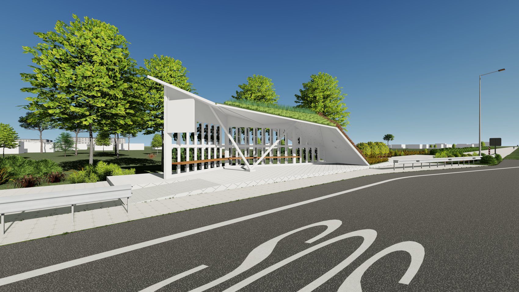 NH Bus Shelters — angled view of the shelter showing green roof and vertical shading slats
