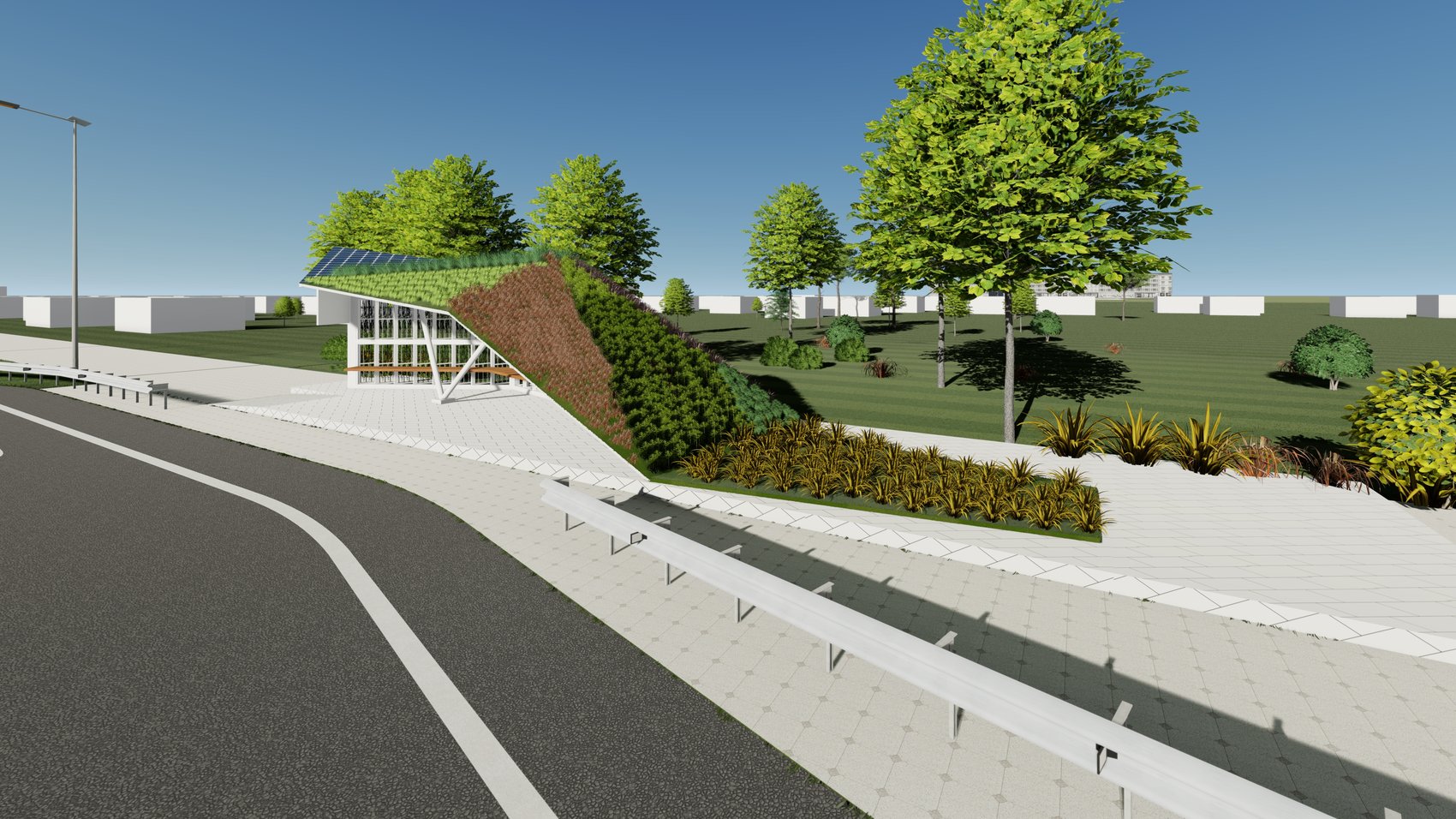 NH Bus Shelters — side view of the shelter showing integrated solar panel and planted roof