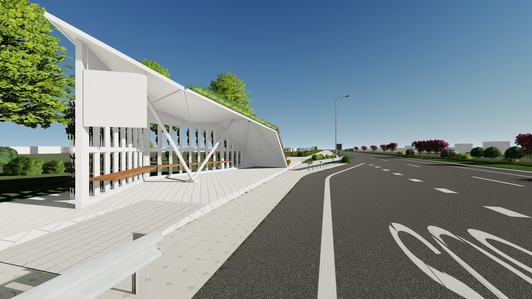 NH Bus Shelters — close view of the recessed entry bay with seating